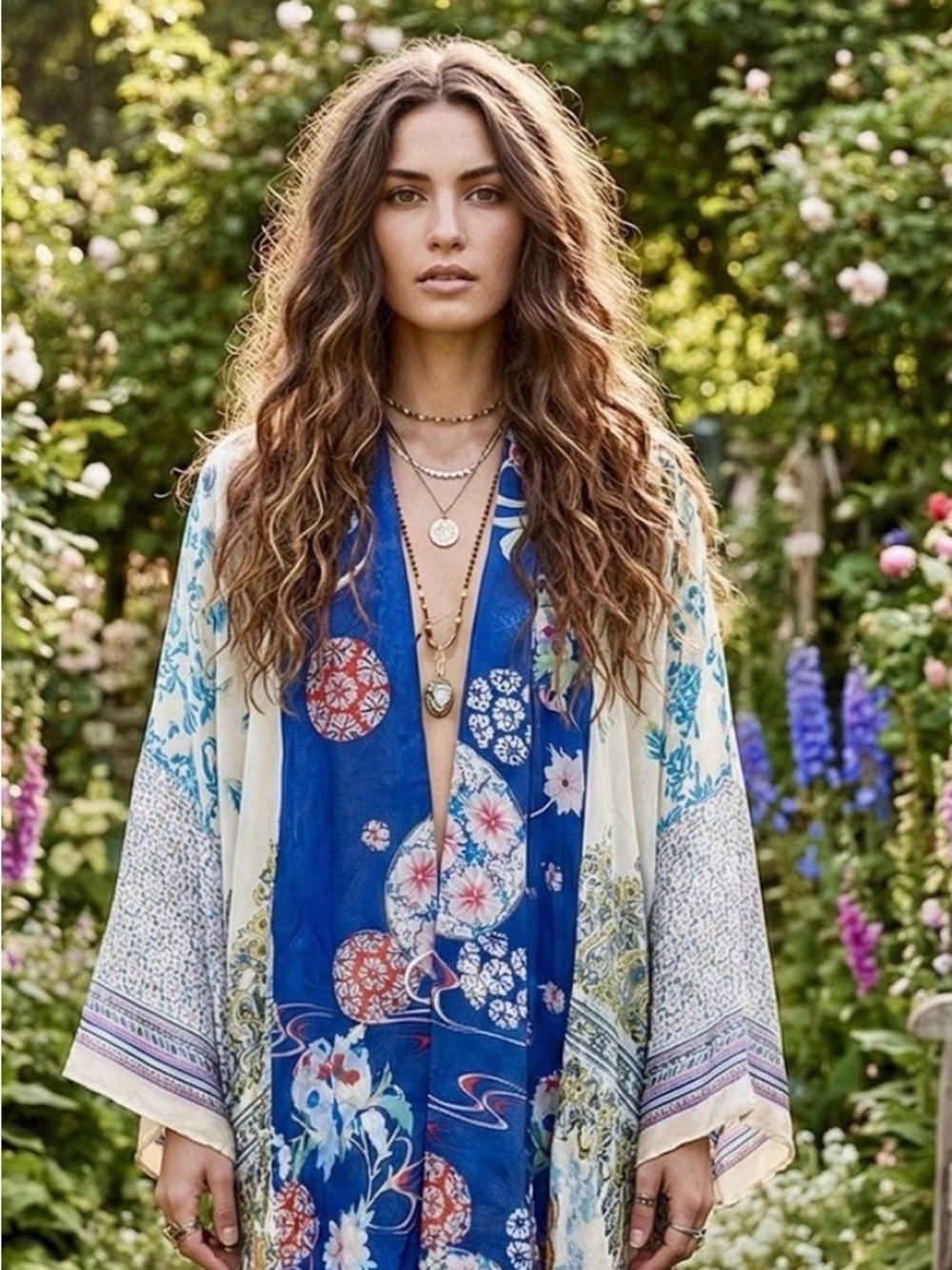 100% Silk Floral Patchwork Open-Front Kimono Jacket 
Available in XL